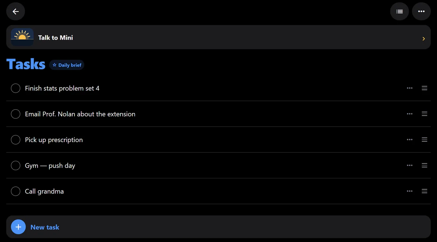 A case board in a browser listing five tasks with tick circles, and a Talk to Mini row at the top.
