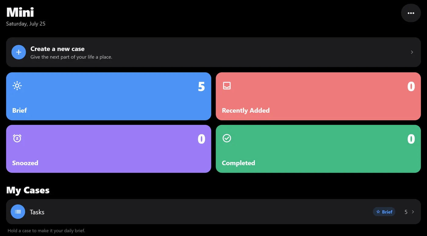 Mini in a browser: the home screen with a Brief tile counting five tasks, plus Recently Added, Snoozed and Completed, and a case called Tasks.